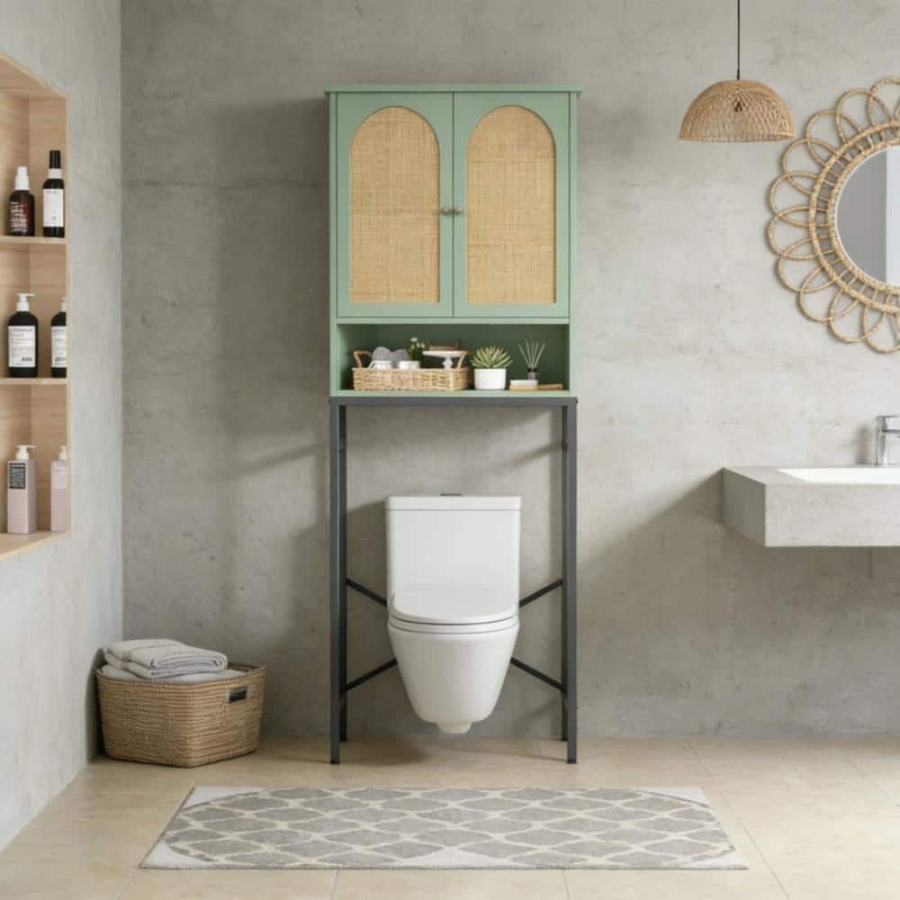 Whatseaso 23.6 in. W x 68.9 in. H x 10 in. D Green Over The Toilet Storage with Adjustable Shelf and Metal Stand (2)