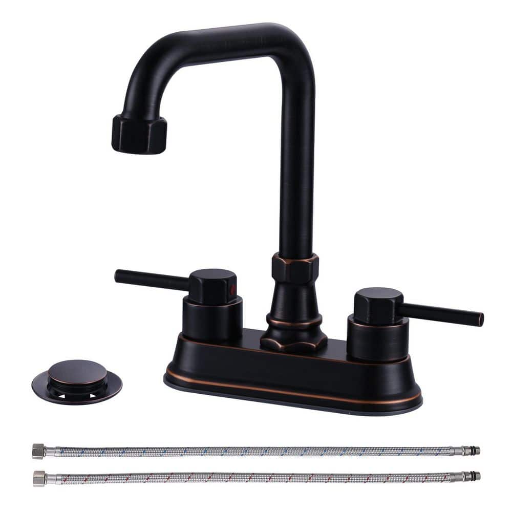WOWOW 4 in. Centerset Double Handle High Arc Bathroom Faucet with Drain Kit Included in Oil Rubbed Bronze (1)