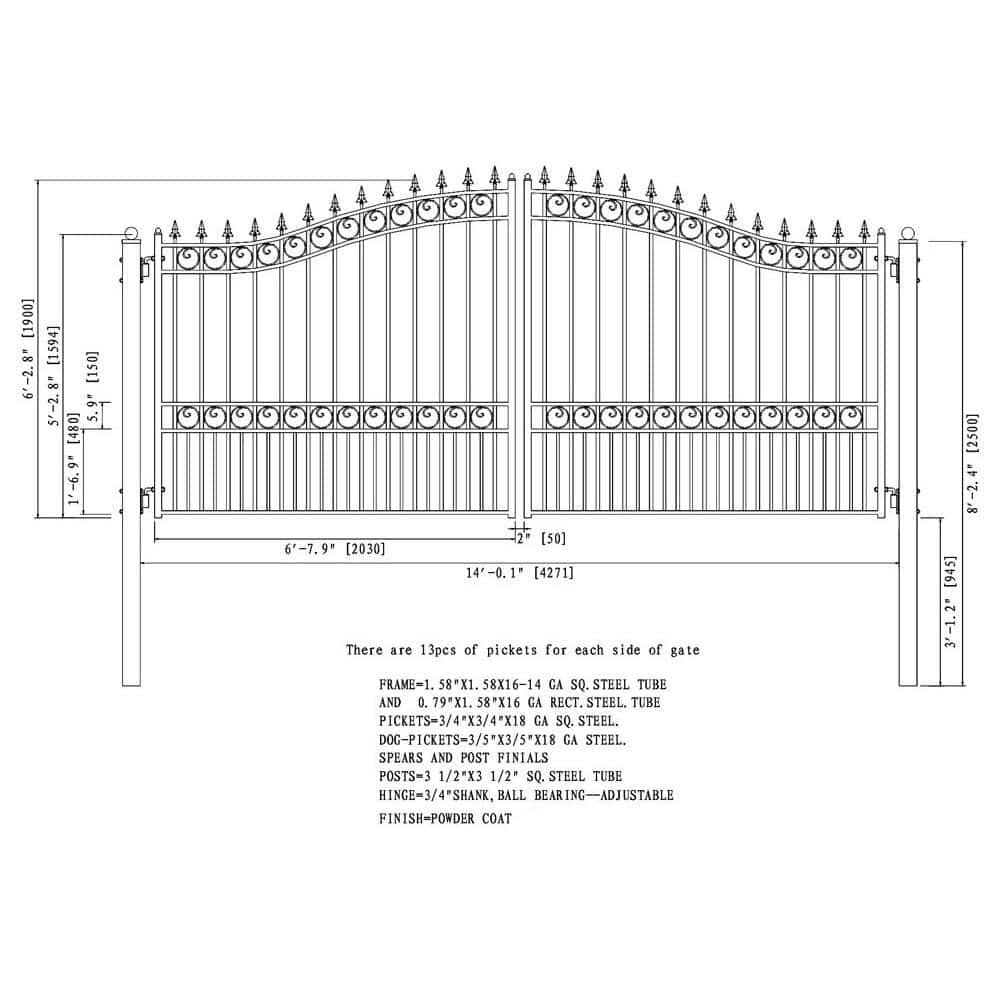 ALEKO London Style 14 ft. x 6 ft. with Pedestrian Gate Black Steel Swing Dual Driveway Fence Gate (2)