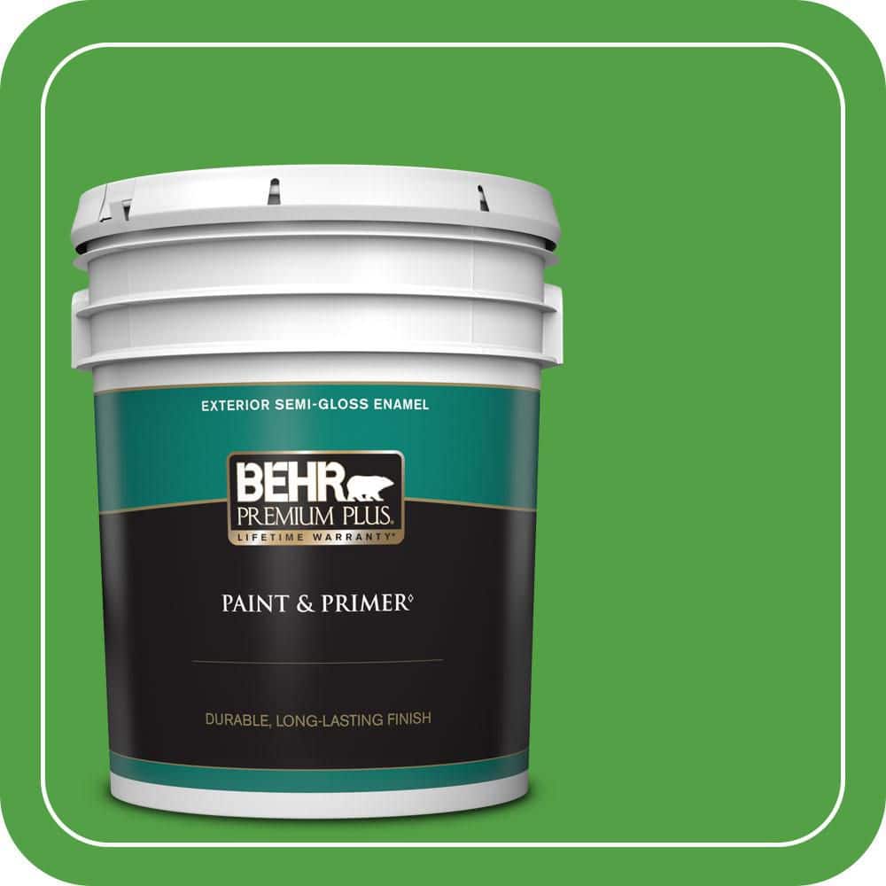 BEHR PREMIUM PLUS 5 gal. #S-G-440 Green Acres Semi-Gloss Enamel Exterior Paint & Primer