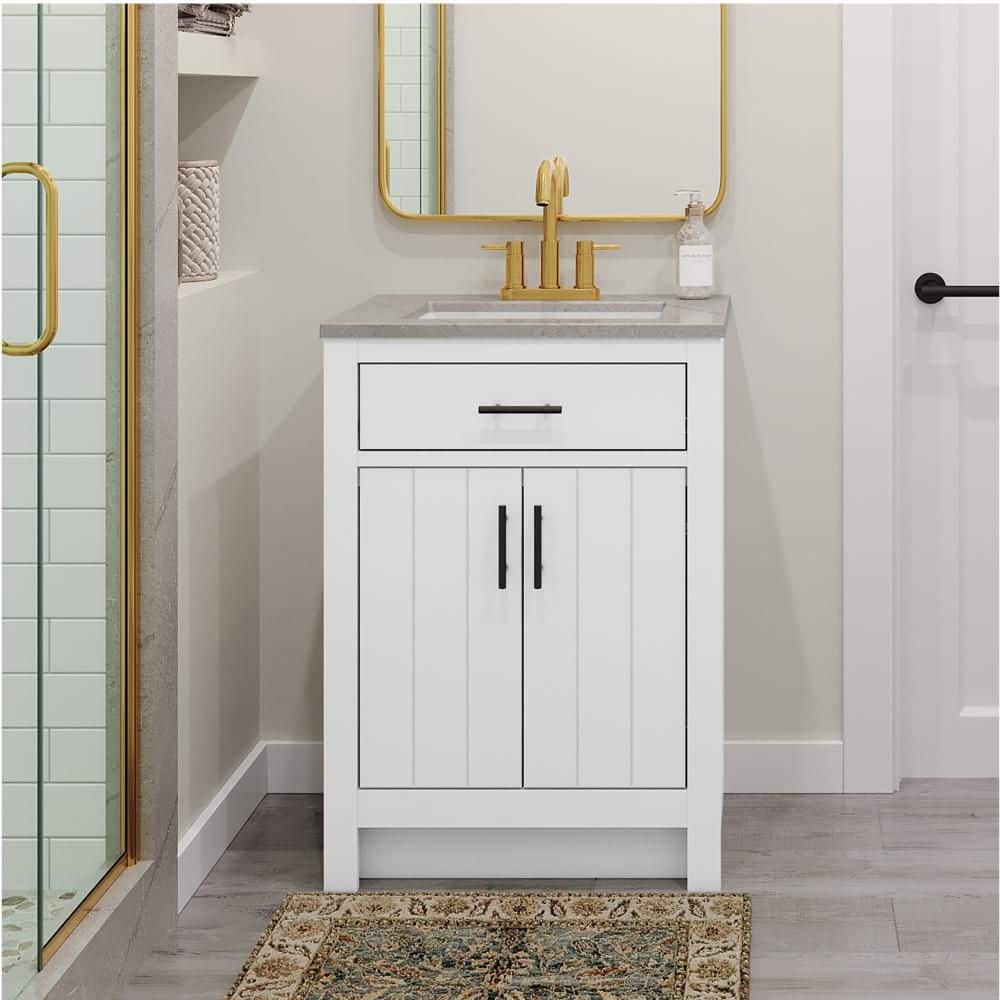 Glacier Bay Daney 25 in. Single Sink Freestanding White Bathroom Vanity with Gray Cultured Marble Top (Assembled) (2)