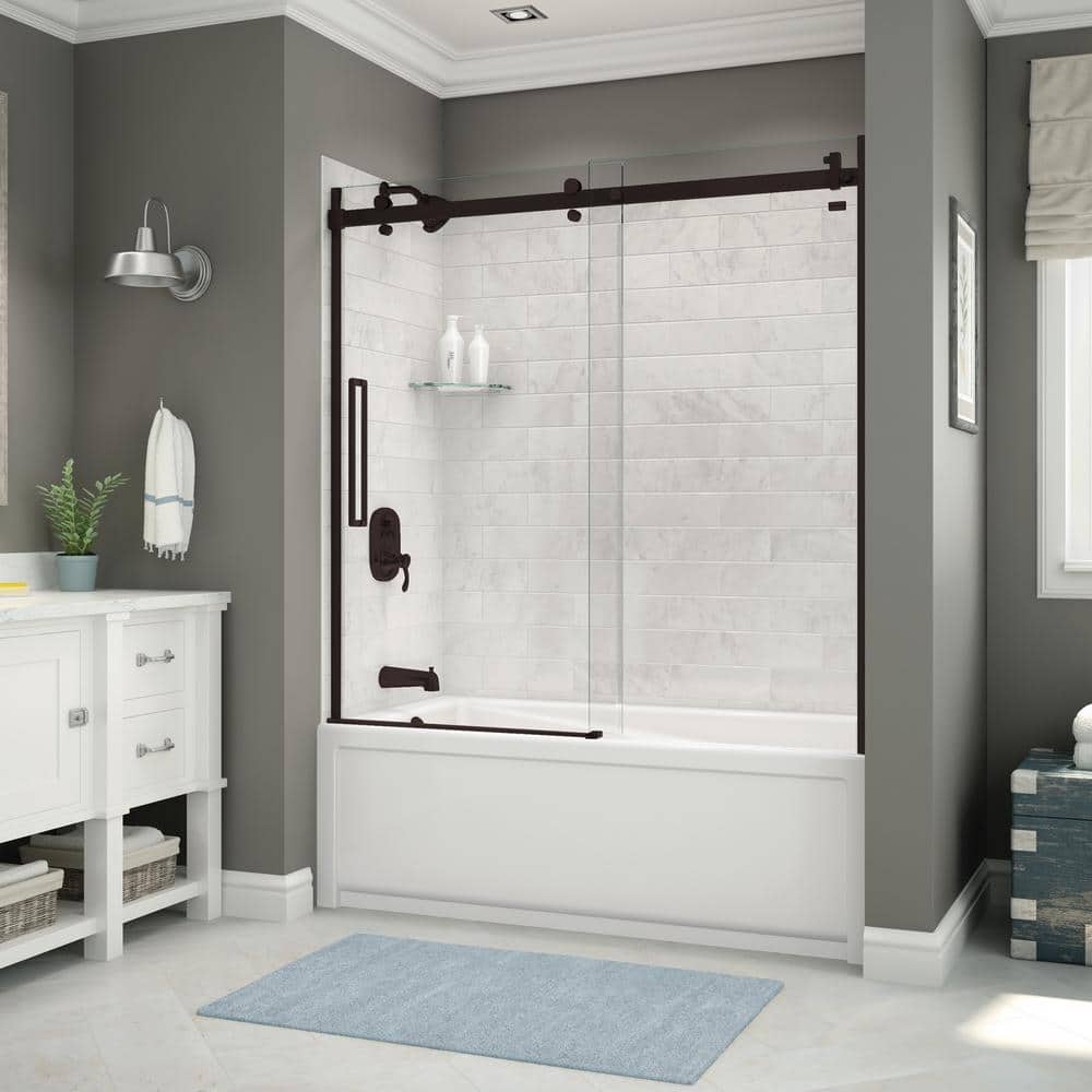 MAAX Utile 32 in. x 60 in. x 81 in. Bath and Shower Combo in Marble Carrara with New Town Left Drain, Halo Door Dark Bronze (1)
