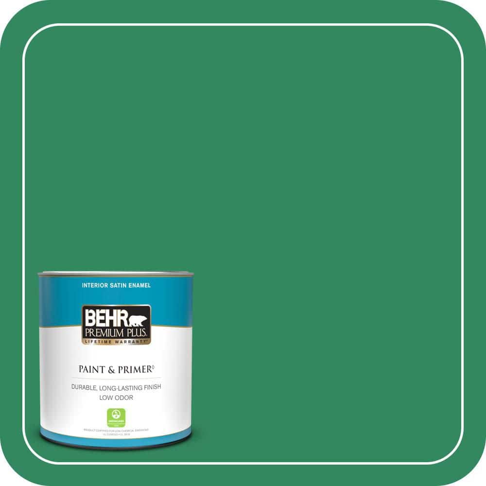 BEHR PREMIUM PLUS 1 qt. #P420-6 Exquisite Emerald Satin Enamel Low Odor Interior Paint & Primer