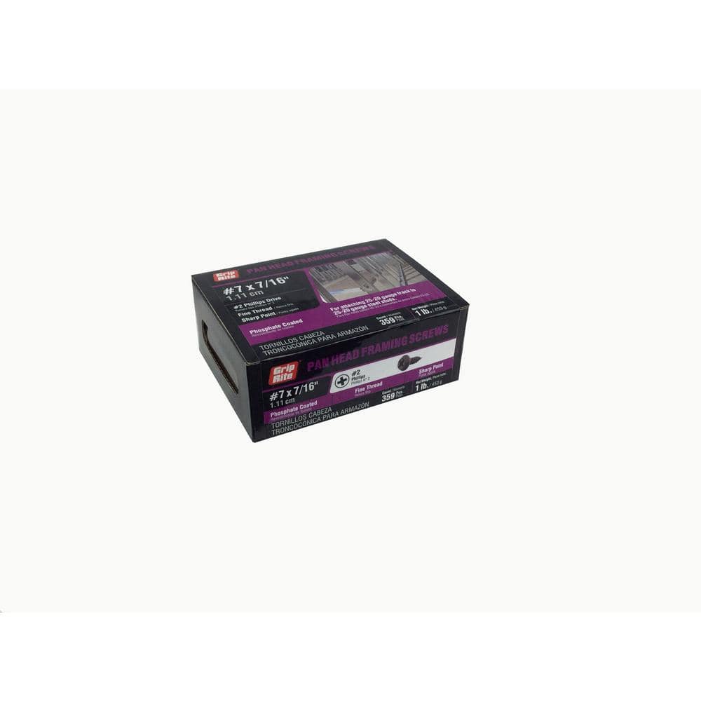 Grip-Rite #7 x 7/16 in. #2 Phillips Phosphate Coated Pan Head Fine Thread Framing Screws 1 lb. Box (3)