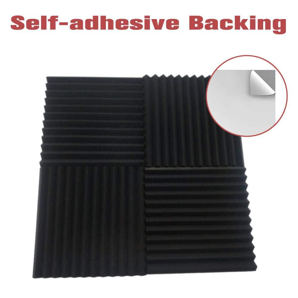 Unbranded 1 in. x 12 in. x 12 in. Sound Absorbing Acoustic Self-adhesive Panel Wall Treatment, Black Triangular Groove, 96-pack (3)