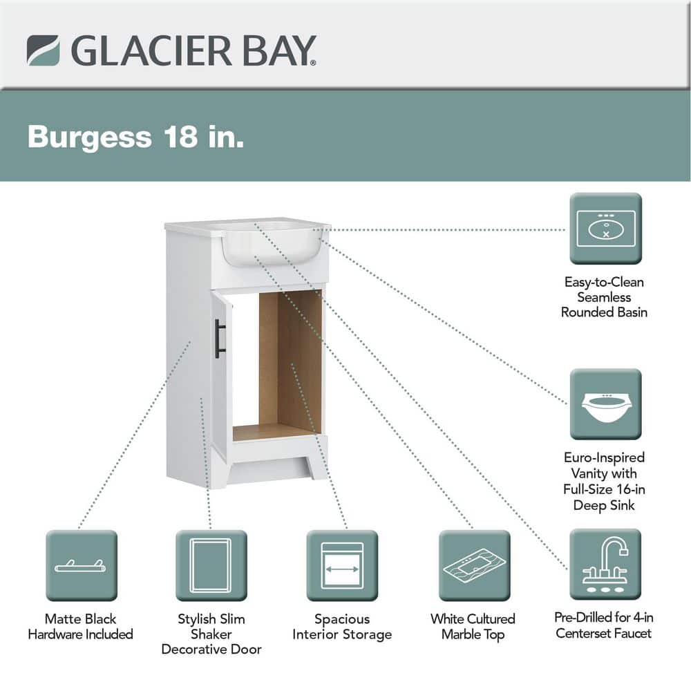 Glacier Bay Burgess 19 in. Single Sink Freestanding White Bathroom Vanity with White Cultured Marble Top (Assembled) (4)