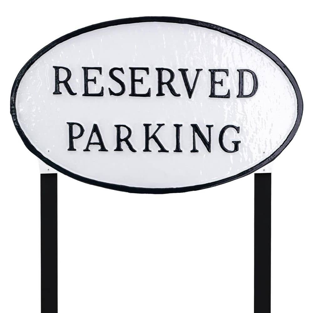 Montague Metal Products 10 in. x 18 in. Large Oval Reserved Parking Statement Plaque Sign with Lawn Stakes-White/Black