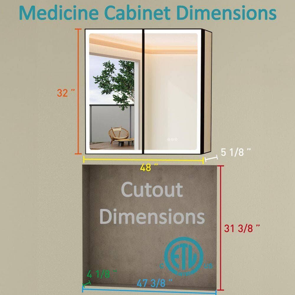 HBEZON Grand 48 in. W x 32 in. H Rectangular Aluminum Medicine Cabinet with Mirror, Dimmable, 3-Color Lighting, Anti-Fog (3)