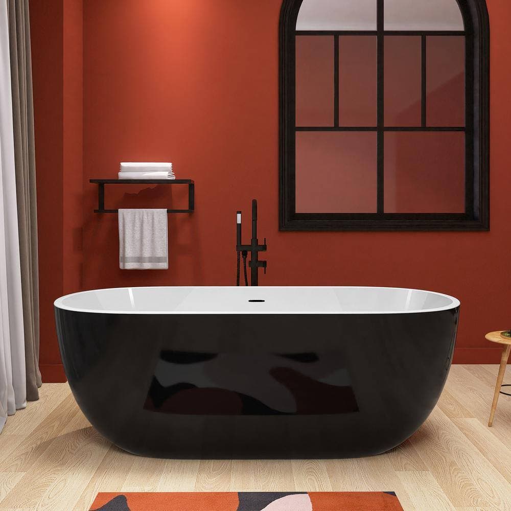 Getpro 65 in. 29.5 in. Acrylic Soaking Freestanding Bathtub Flatbottom Tub with Chrome Center Drain Freestanding Tub Black (3)