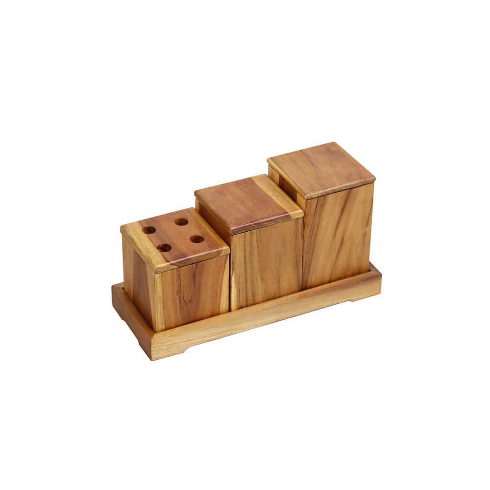 EcoDecors 4-Piece Eco Decors Elegant Teak Wood Bathroom Amenities Nesting Set in Earthy Teak Finish (1)