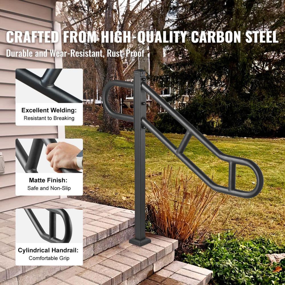 SKYSHALO Single Post Handrail for Outdoor 1-3 Steps 35.43 in. H x 3.46 in. W Black Metal Stair Railing Kit Carbon Steel (2)