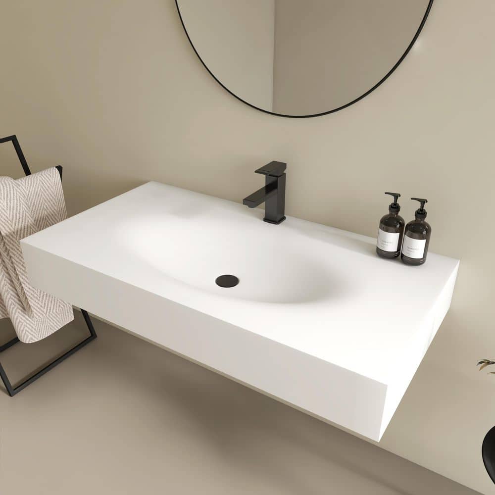 HOPROME 42 x 22 in. Solid Surface Wall Mount Bathroom Vessel Sink with Faucet Hole in Matte Whiote (3)