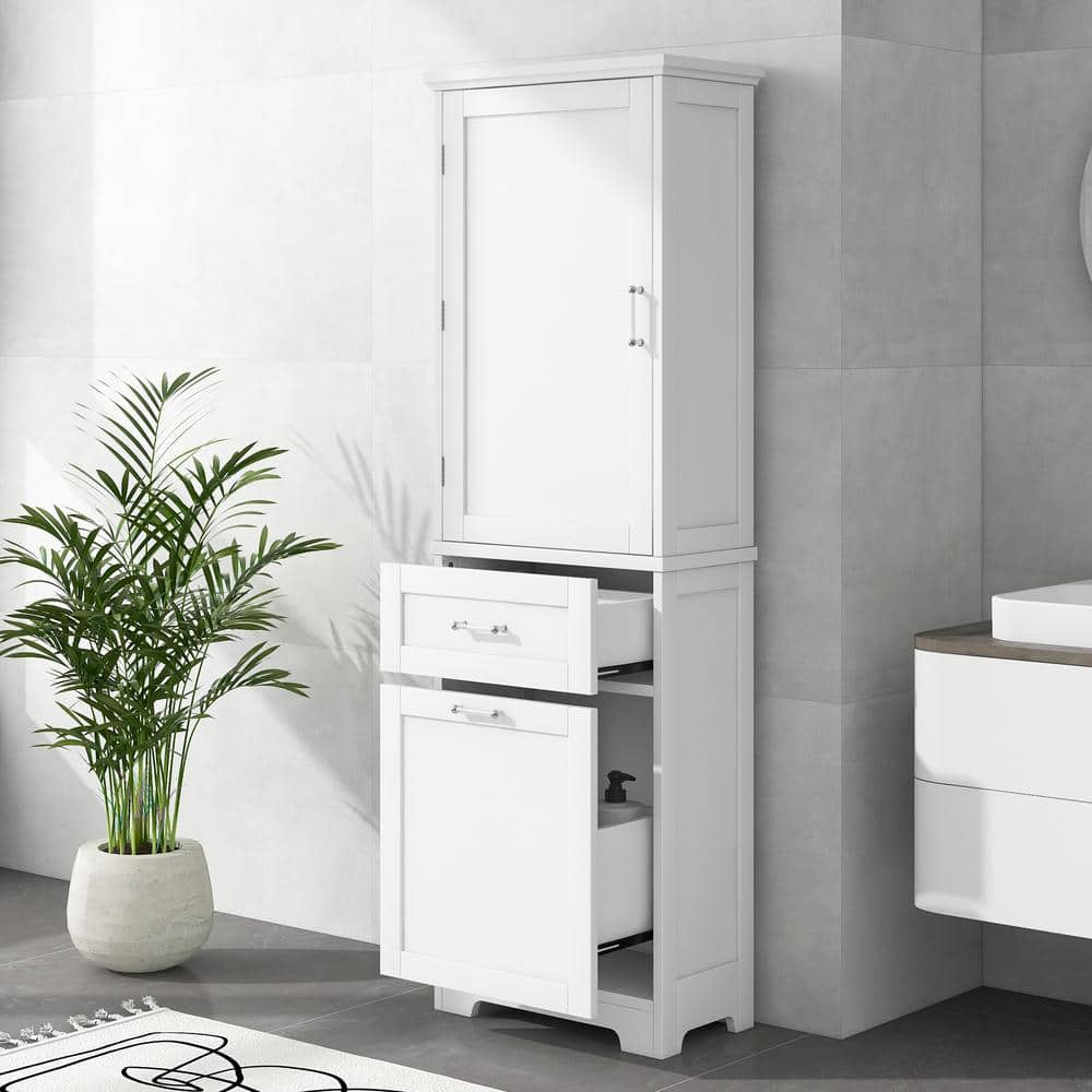 YSQCAR 20 in. W x 13.5 in. D x 68 in. H White MDF Freestanding Linen Cabinet with Door and Drawers, Adjustable Shelf (3)