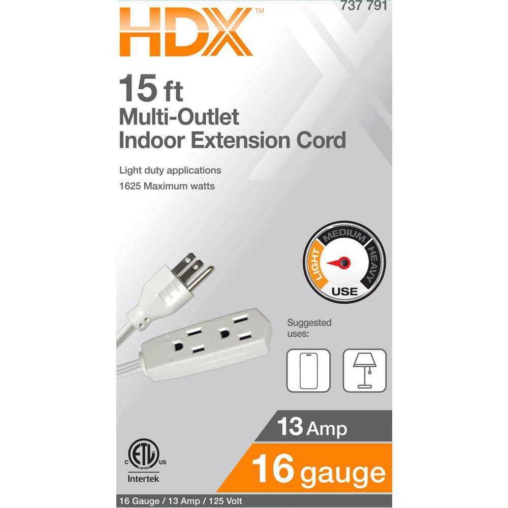 HDX 15 ft. 16/3 Light Duty Indoor Multi-Outlet Extension Cord with Banana Tap, White (2)