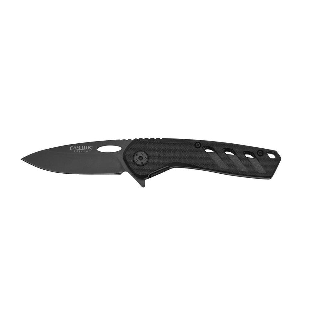 Camillus Slot 2.75 in. Carbonitride Titanium Drop Point Straight Edge Folding Knife with Quick Lauch Bearing System, Black Handle (2)