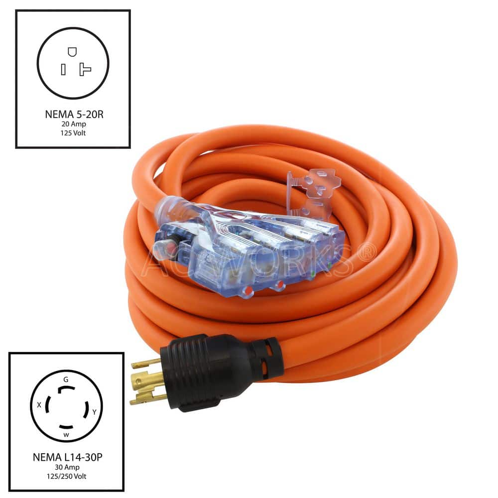 AC WORKS 25 ft. L14-30P 30 Amp 4-Prong Locking Plug to (4) Home Outlets with 24 Amp Breaker (2)