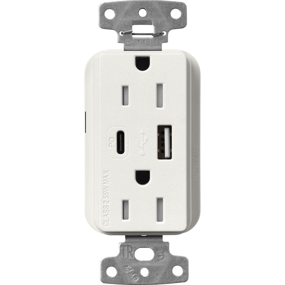 Lutron Claro 15 Amp Tamper Resistant USB Type A/C Duplex Receptacle, Decorator Style Outlet Satin Finish, SCR-15-ACTR-RW, White (1)