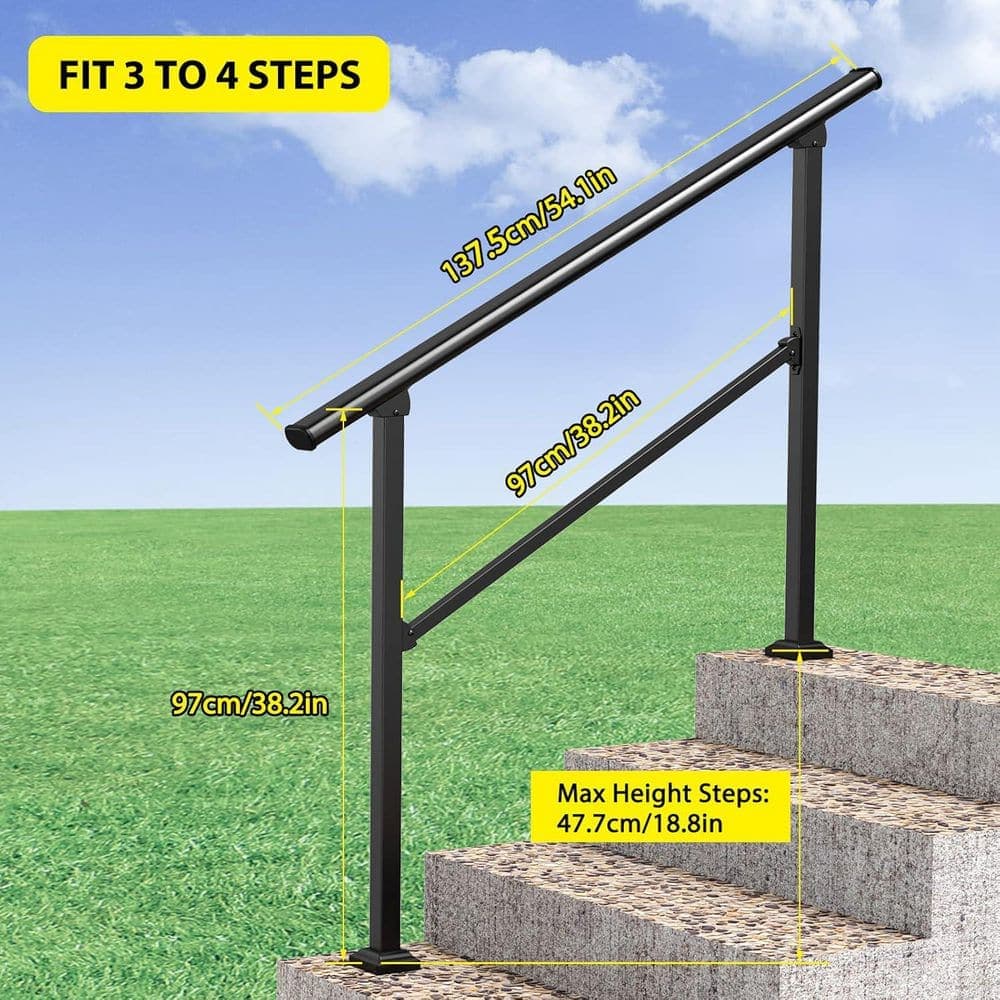 Afoxsos 56.5 in. Wrought Iron Metal Steel Handrail for 4 Step Stairs Adjustable Outdoor Stair Railing Black (3)