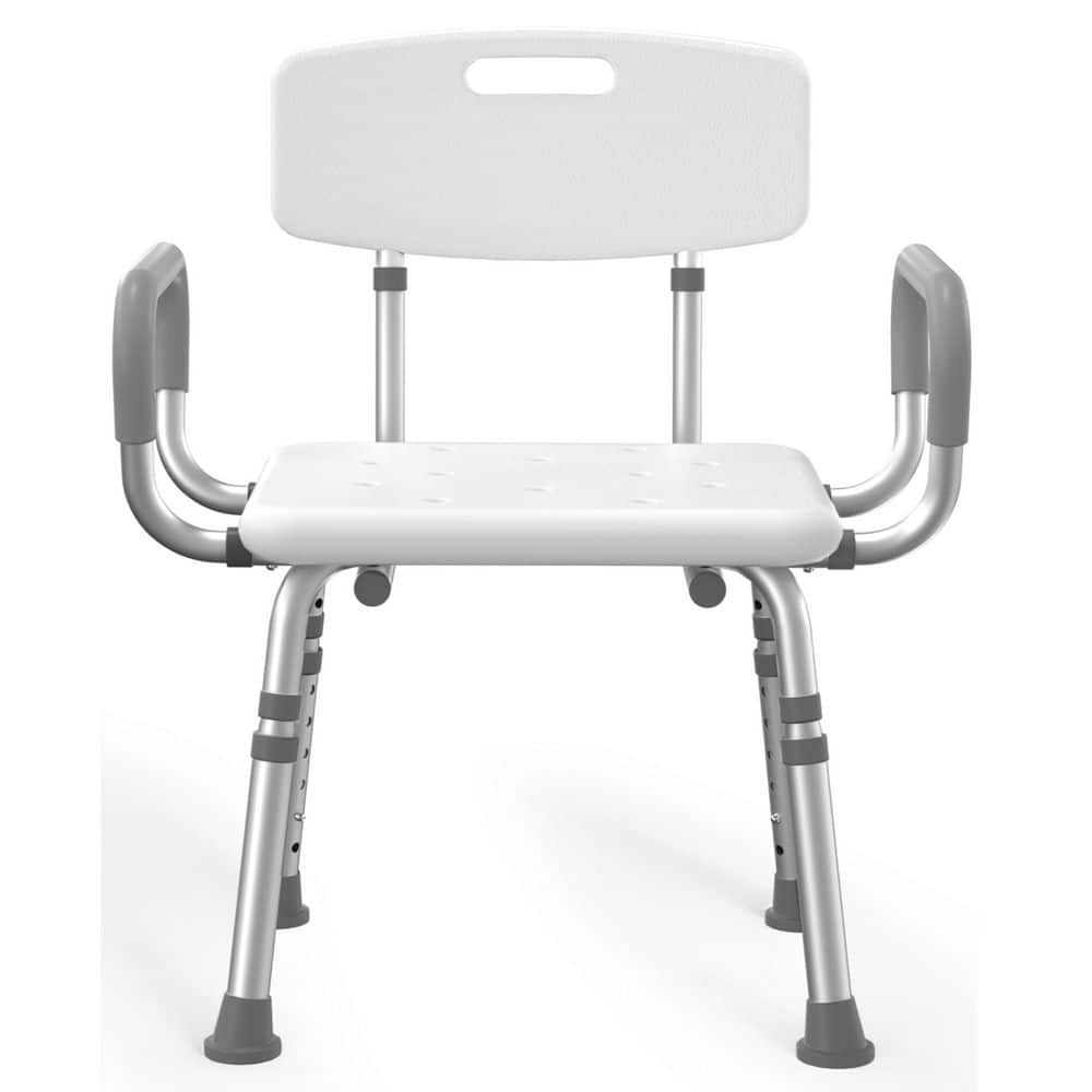 Numhew Aluminum Shower Chair in White with Arms and Back, Height Adjustable Safety Bath Seat for Elderly, Adults, Handicap