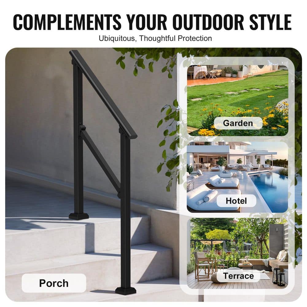 VEVOR 36.2 in. x 3.3 in. Handrails for Outdoor Steps 2-Piece 2-3 Step Stair Handrail Kit Carbon Steel Railings Black (2)