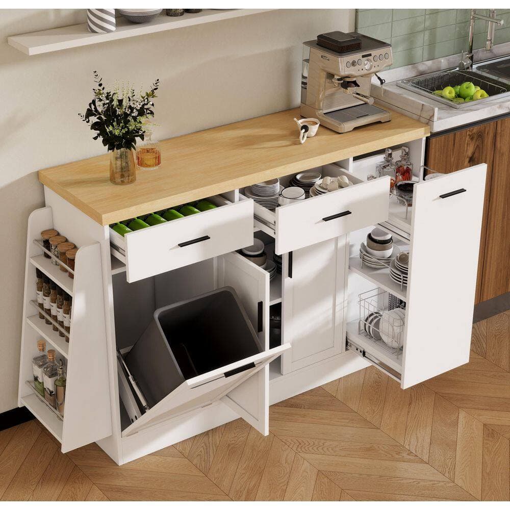 COWLOWN 58 in. W x 15.7 in. D x 34 in. H White Multi-Functional Linen Cabinet Sideboard with 3-Tier Spice Rack (3)