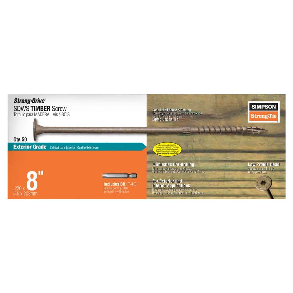 Simpson Strong-Tie 0.220 in. x 8 in. T40 6-Lobe, Washer Head, Strong-Drive SDWS Timber Screw, Exterior Grade (50-Pack)