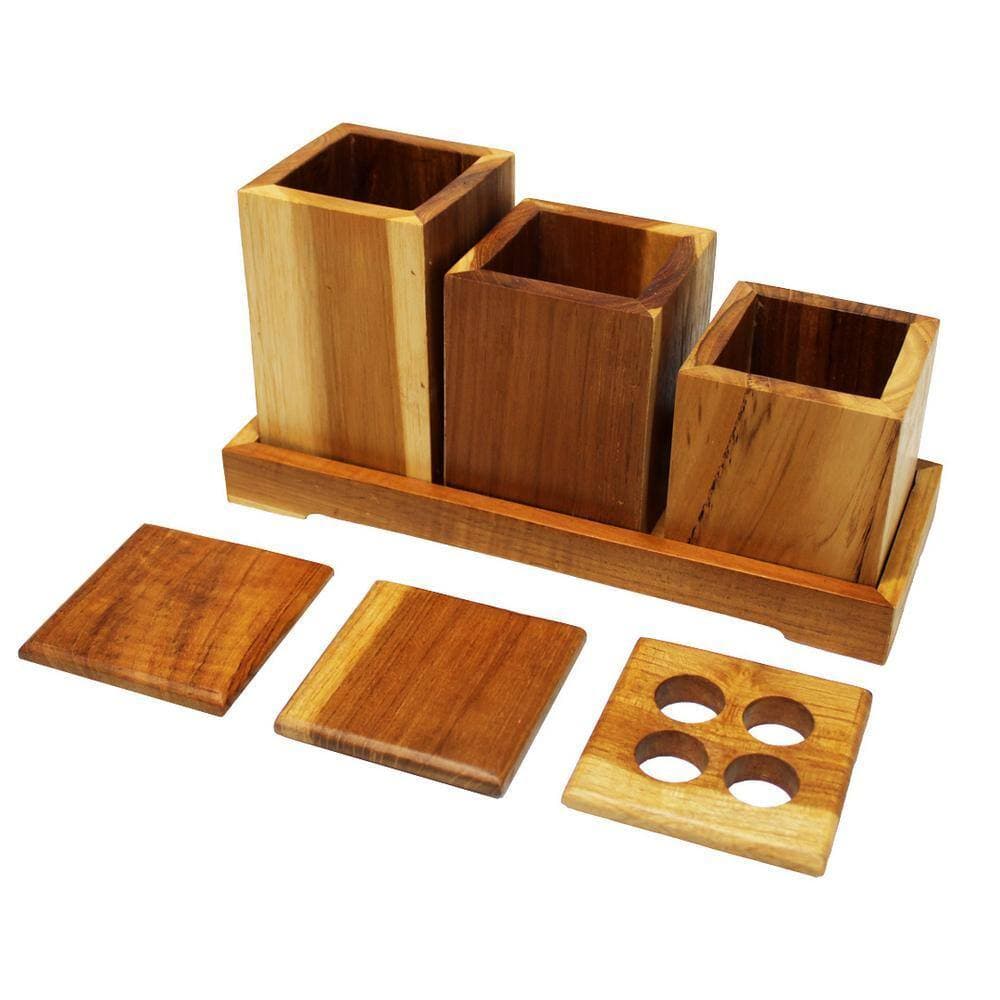 EcoDecors 4-Piece Eco Decors Elegant Teak Wood Bathroom Amenities Nesting Set in Earthy Teak Finish (2)
