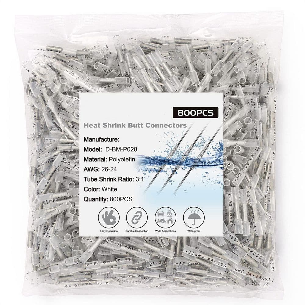 Unbranded 800-Pack 26-22 AWG White Heat Shrink Butt Connectors, Tinned Copper, Waterproof Marine Grade Wire Terminals