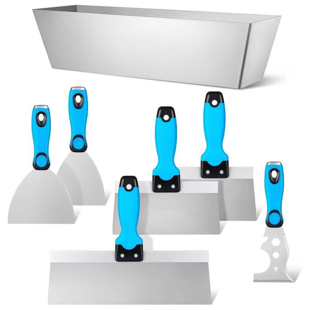 KIWDZFU 3 4 5 6 8 12 Stainless Steel Drywall Joint Taping Knife with Rubberized Ergonomic Grip 7 Pieces Kit (1)