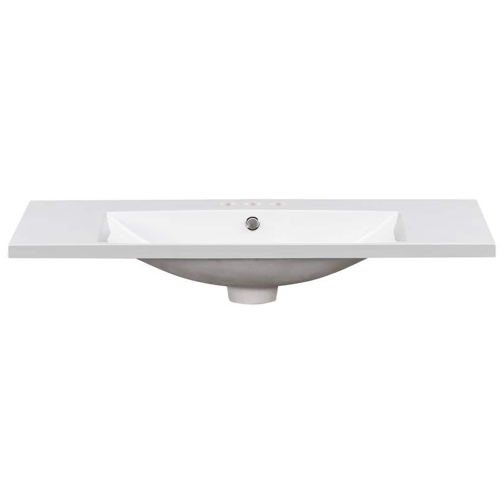 Unbranded 36 in. Single Modern Undermount Rectangular Bathroom Sink with 3 Faucet Holes in White Resin (3)