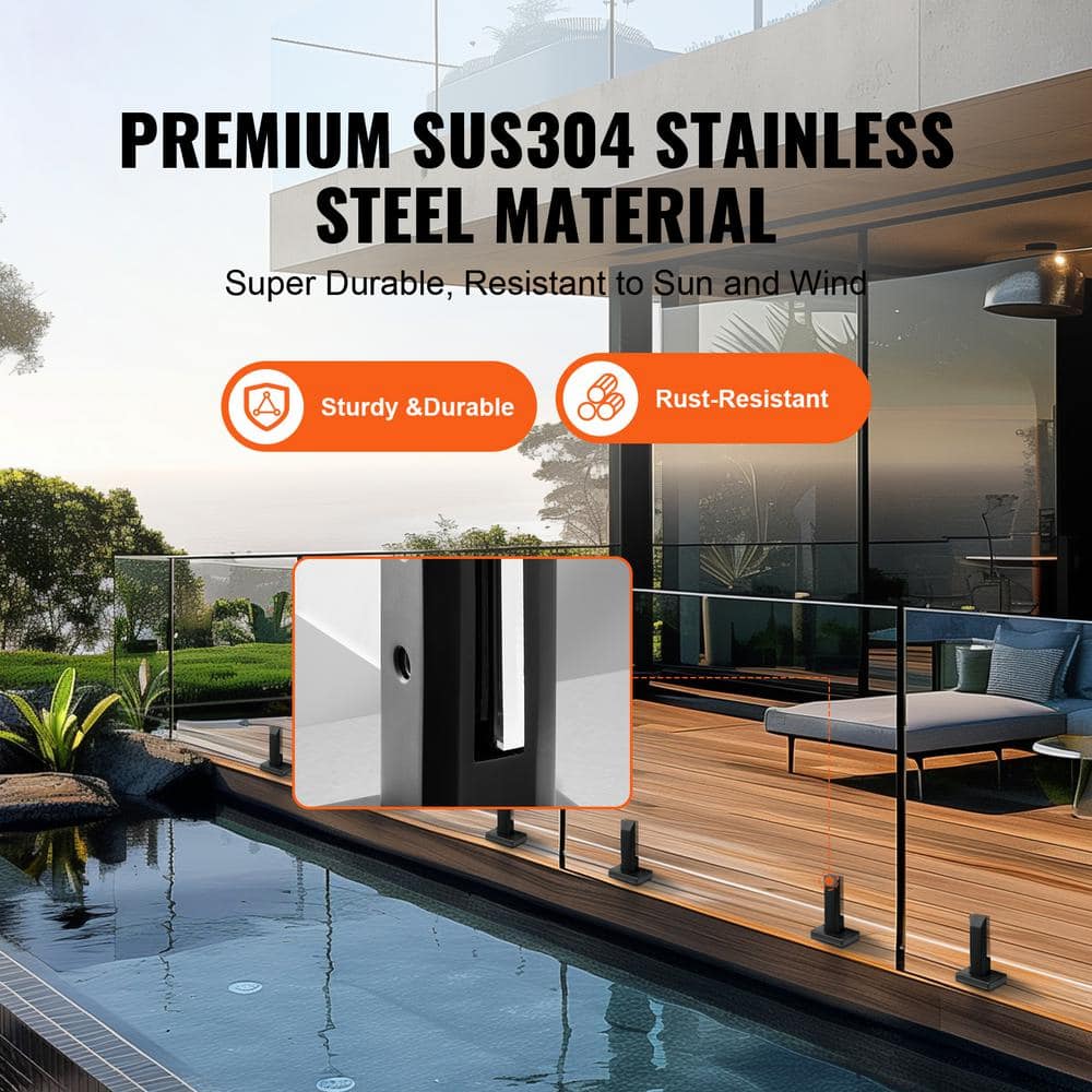 SVOPES Glass Clamp, 6.3 in. H x 3.94 in. W Black Steel 4-Piece Square Railing Bracket for 0.31 in. x 0.47 in. Stair Railing Kit (2)