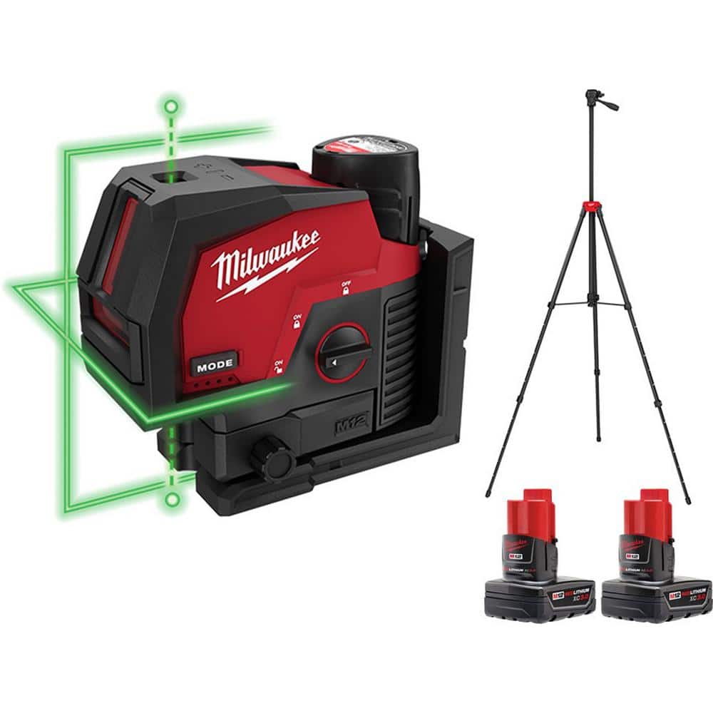 Milwaukee M12 12-Volt Lithium-Ion Cordless Green 125 ft. Cross Line and Plumb Points Laser Level Kit with 3 Batteries and Tripod