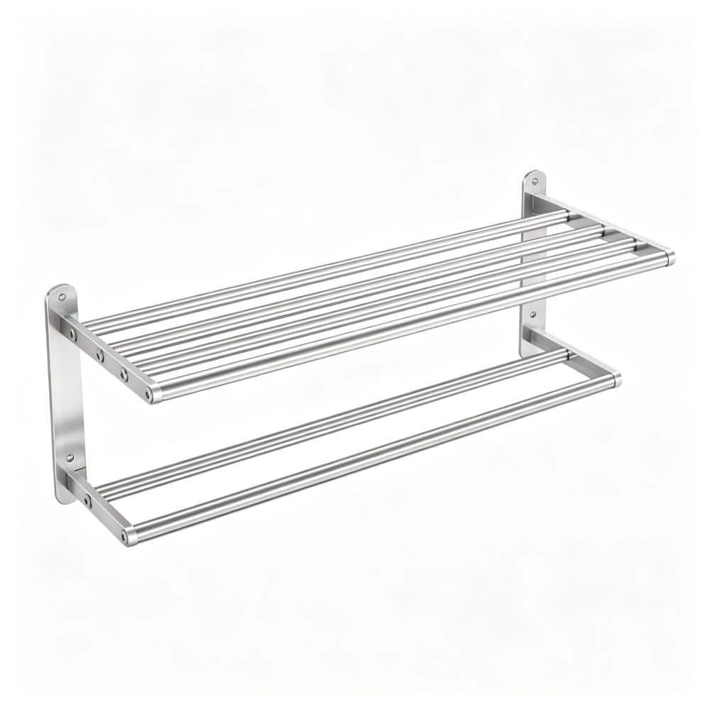 Whatseaso 23.62 in. W 9.7 in. H x 8.3 in. D  Bath Towel Shelf with Double Towel Bar Stainless Steel Towel Storage Shelf in Silver (1)