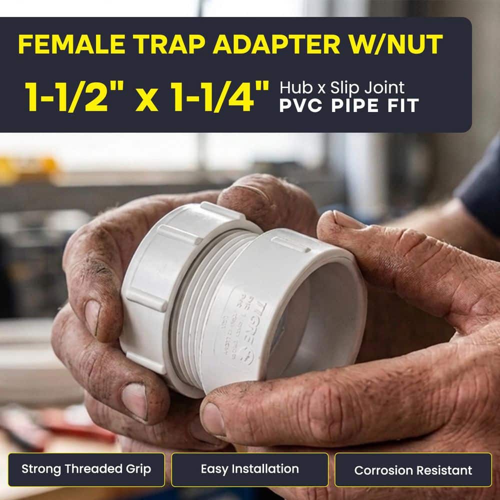 PLUMBFLEX 1-1/2 x 1-1/4 in. White Rigid PVC DWV Trap Adapter, 0.19 ft. Long Female Hub x Slip Joint w/Poly Nut Schedule 40 50-Pack (3)