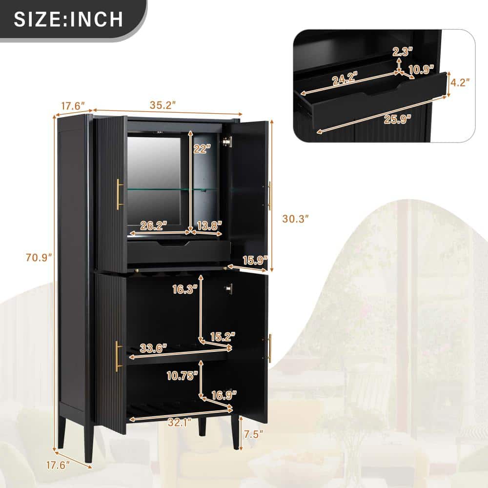 XUJMK 35 in W x 18 in D x 71 in H Linen Cabinet Pantry Cabinet Sideboard Bar Cabinet in Black with Drawers Adjustable Shelves (2)