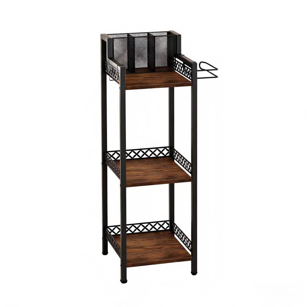 Numhew Floor Mount 3-Tier Vintage Cosmetic Storage Organizer, Freestanding Slim Corner Shelf for Vanity, in Black