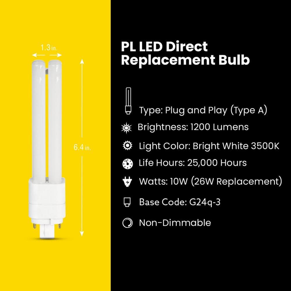 Feit Electric 26-Watt Equivalent PL QuadTube CFLNI 4-Pin Plugin G24Q-3 Base CFL Replacement LED Light Bulb, True White 3500K (1-Pack) (4)
