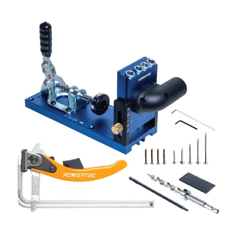 ‎POWERTEC Aluminum Pocket Hole Jig Set with 7 in. Quick Release Ratcheting Table Clamp (1)