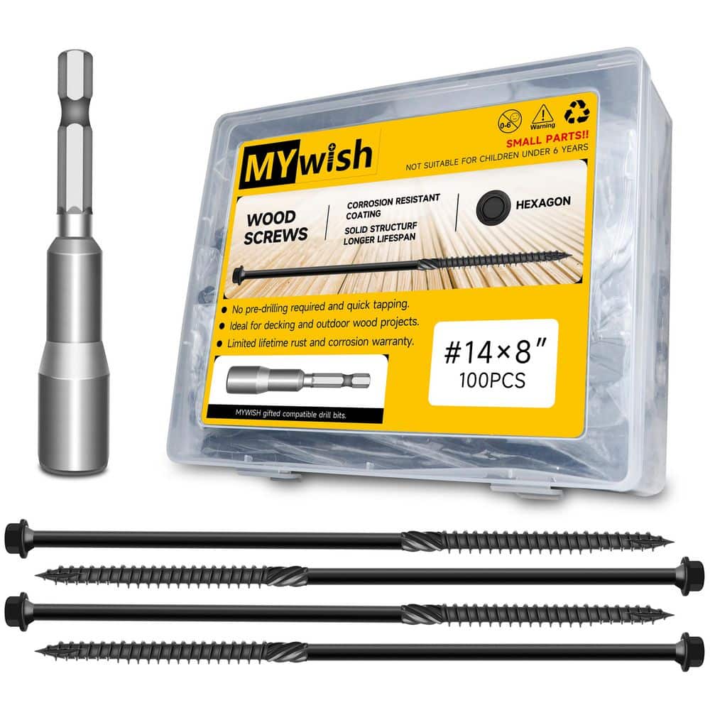 MYWISH Bedrock Line #14 x 8 in. Black Hex Head Wood Deck Screws (100-Piece)