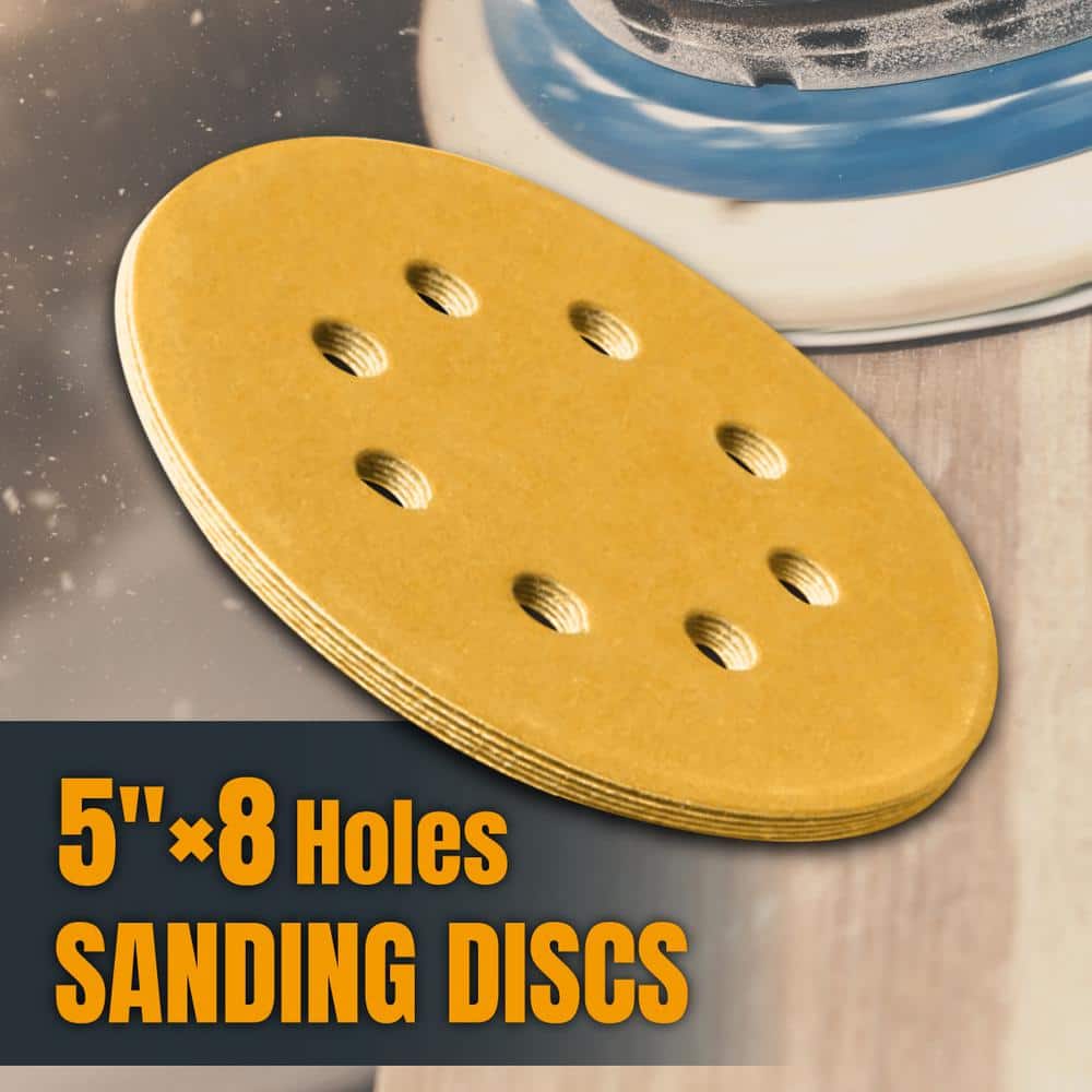 ‎POWERTEC 5 in. 80-Grit, 100-Grit, 120-Grit, 150-Grit, 220-Grit 8-Hole A/O Hook and Loop Sanding Disc Assortment in Gold (50-Pack) (3)