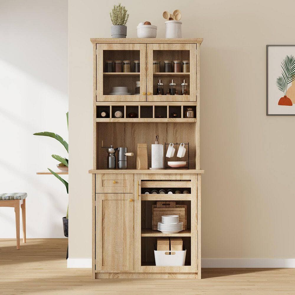COWLOWN 35.4 in. W x 17.7 in. D x 74.8 in. H Brown Linen Cabinet Kitchen Pantry with Wine Rack and Adjustable Shelves (3)