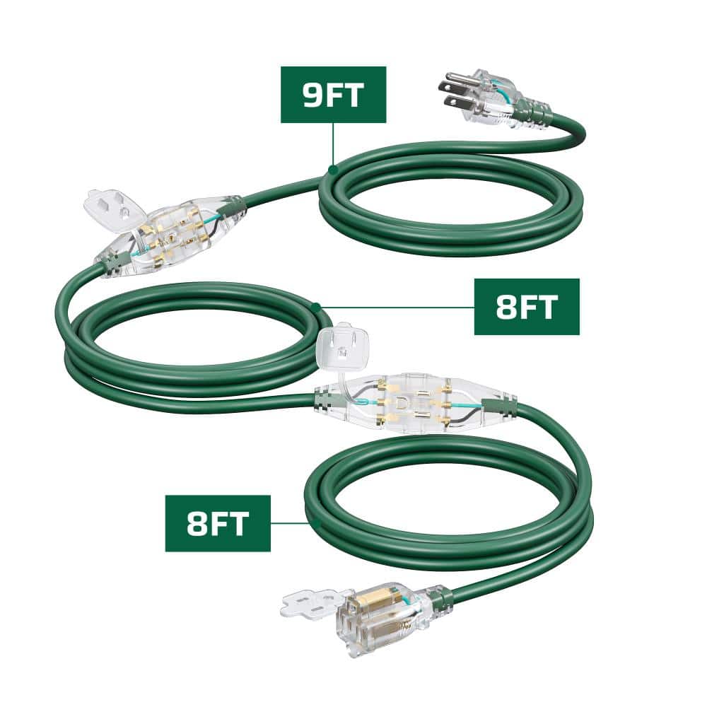 DEWENWILS 25ft (9+8+8) 16/3 Outdoor Weatherproof SJTW Extension Cord, Grounded with Safety Caps & Hanging Hole for Holiday Lights (1)