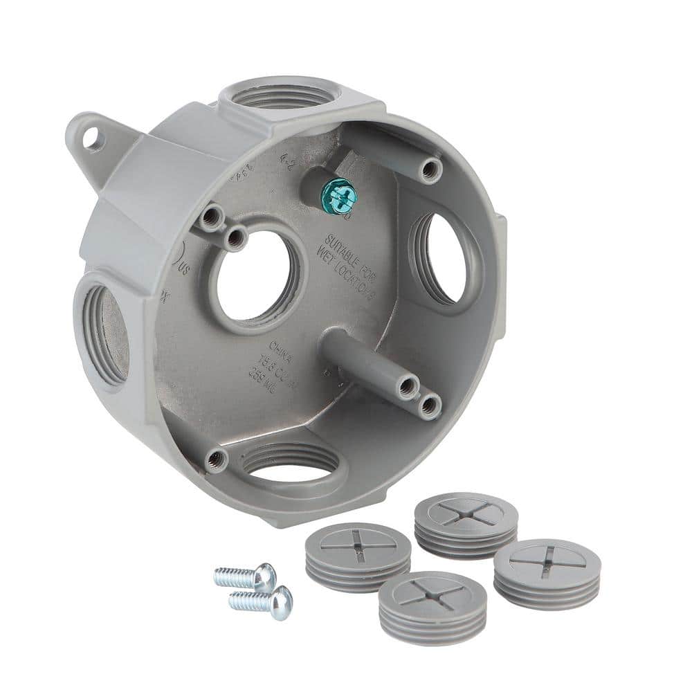 Commercial Electric 4 in. Round Metallic Weatherproof Outlet Box with (5) 3/4 in. Holes, Gray
