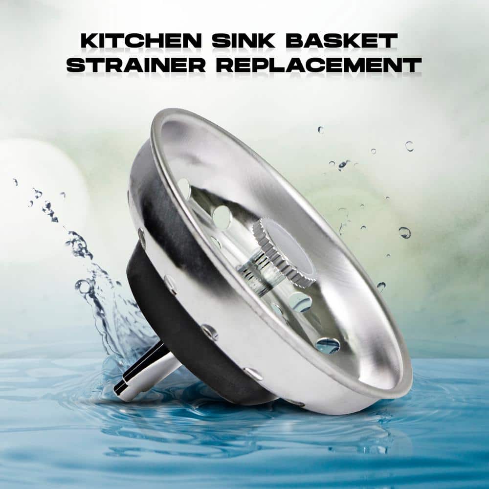 PLUMBFLEX 3-1/2 in. Strainer Basket with Fixed Post Replacement for Kitchen Sink Drains Stainless Steel and Rubber Stopper (3)