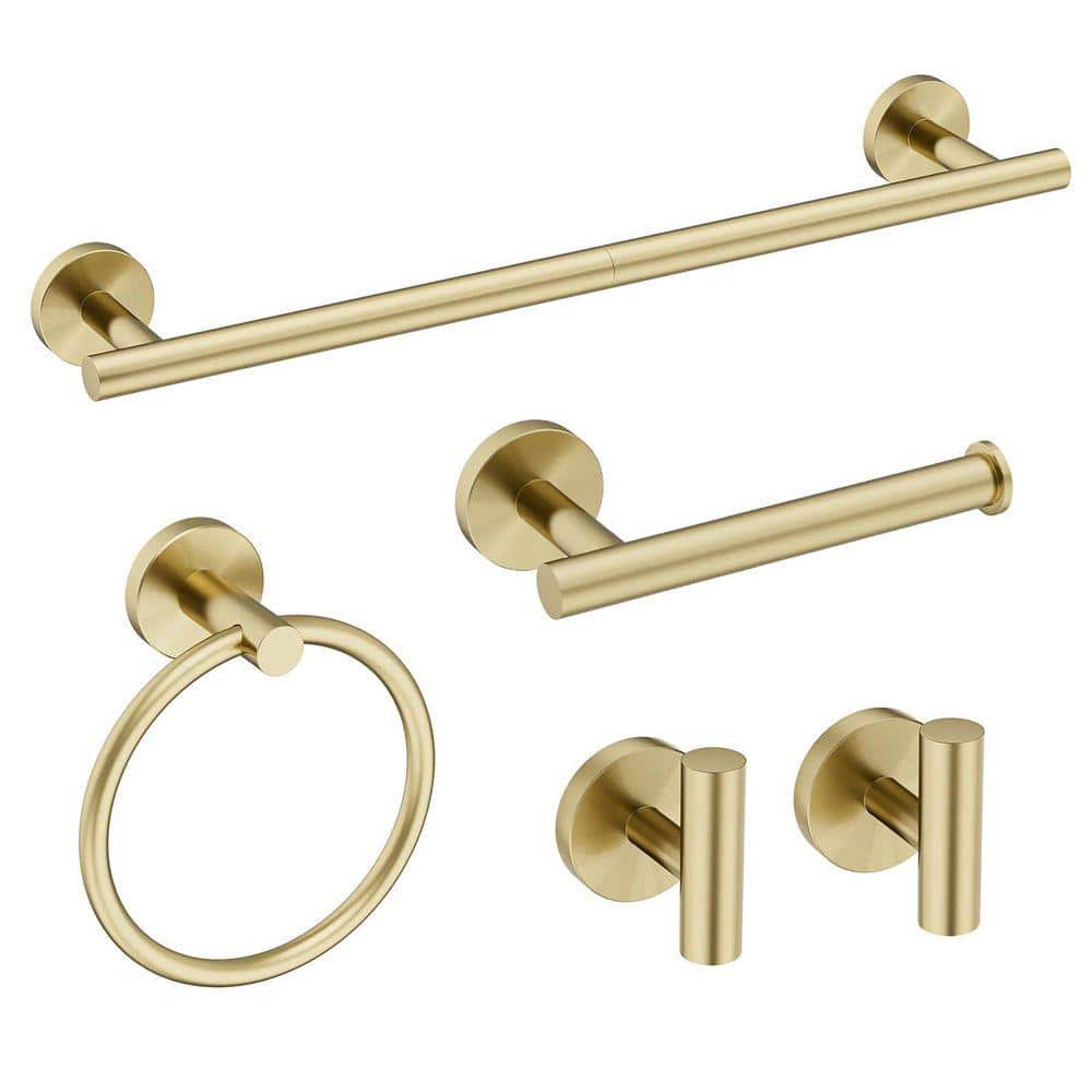 JFVKAF 5 Piece Bathroom Hardware Set with Towel Bar, Toilet Paper Holder, Towel Ring, Robe Hook in Brushed Gold (1)