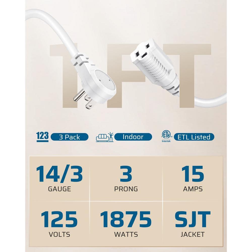 DEWENWILS 1 ft. SJT 14/3 Indoor Extension Cord with 3-Prong Outlets and SPT-3 Cord, 3 Pack, White (2)