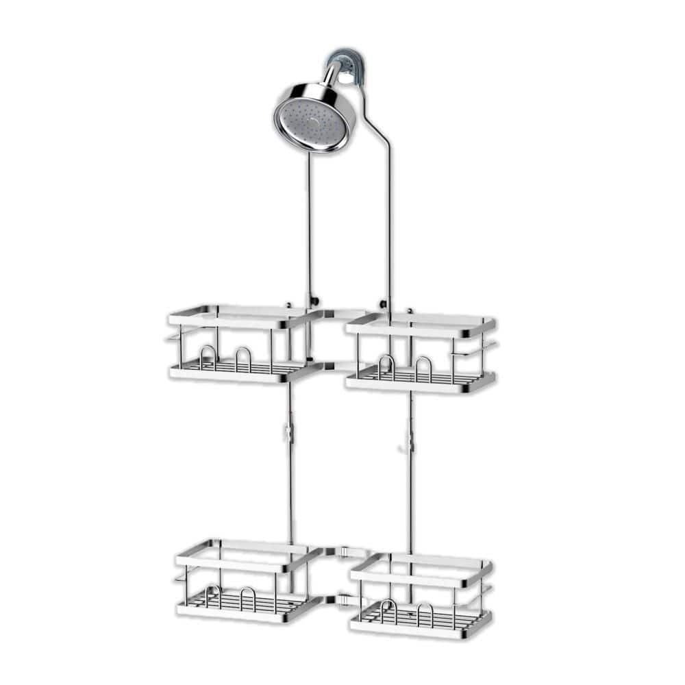 Numhew Adjustable Hanging Rustproof Shower Caddy for Handheld Showerheads with Hooks Soap Holder Toothbrush Holder, Silver (1)