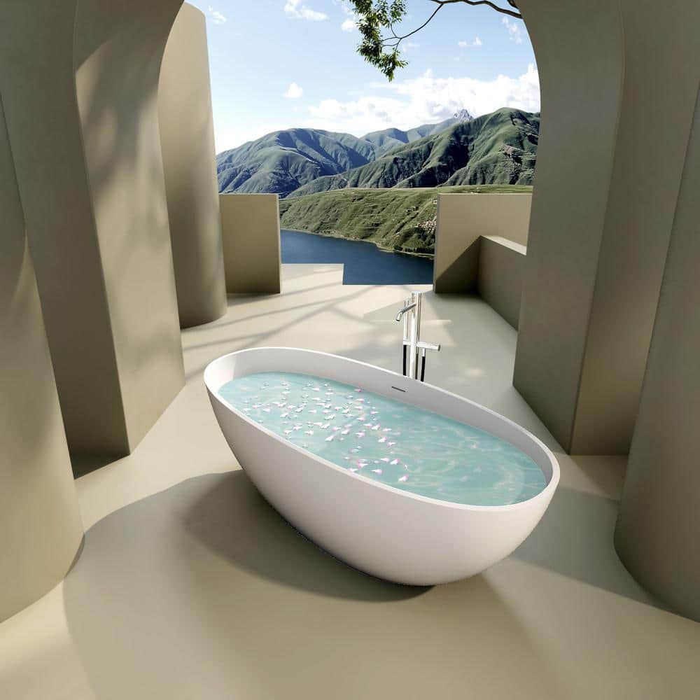EAKYHOM 65 in. x 30 in. Solid Surface Stone Resin Flatbottom Freestanding Double Slipper Soaking Bathtub in Matte White