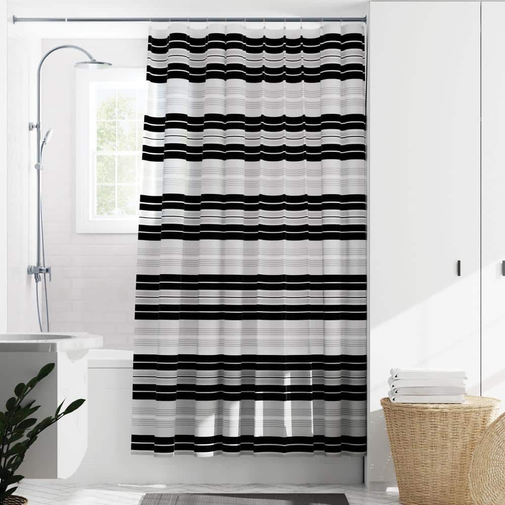 Zenna Home 70 in. W x 72 in. L Dylan Stripe 30% Recycled Waterproof PEVA Shower Curtain in Black, White and Gray (3)