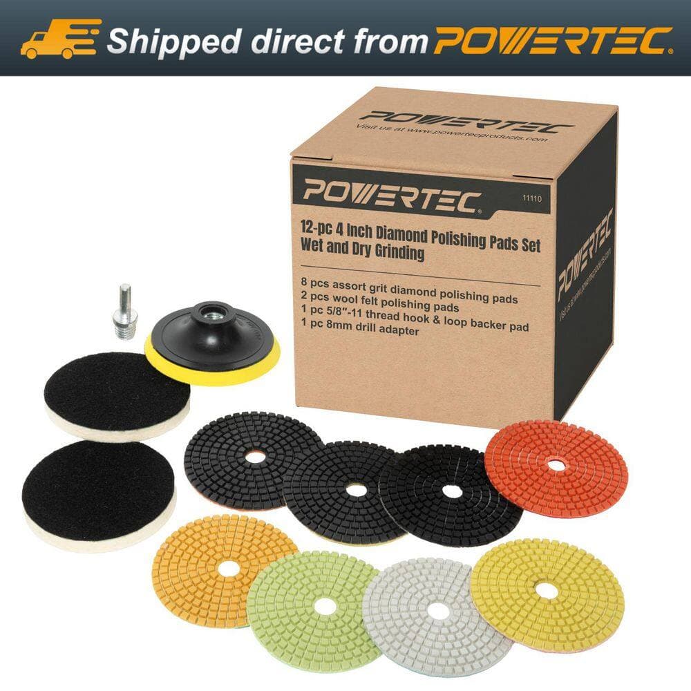 ‎POWERTEC 2-Pack 4 in. Wet/Dry Diamond Polishing Pads 50-6000 Grit (20 Pads) with 5/8-11 in. Backer Pads, for Stone and Concrete (2)